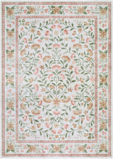 Close-up of the Ferlin Washable Area Rug. Features a floral pattern with coral, cream, olive, pink, and sage hues. Design-Rectangle-576