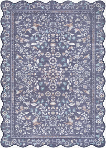 Close-up of the Dascha Washable Area Rug, a blue rug with ivory, gray, and taupe floral and bird pattern and scalloped edge. Design-Rectangle-2339
