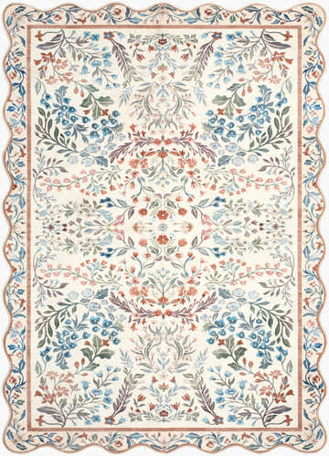 Close-up of the Likoa Ivory Floralnature Rug. Features a floral pattern in brown, coral, ivory, sage, and sky blue. Design-Rectangle-576