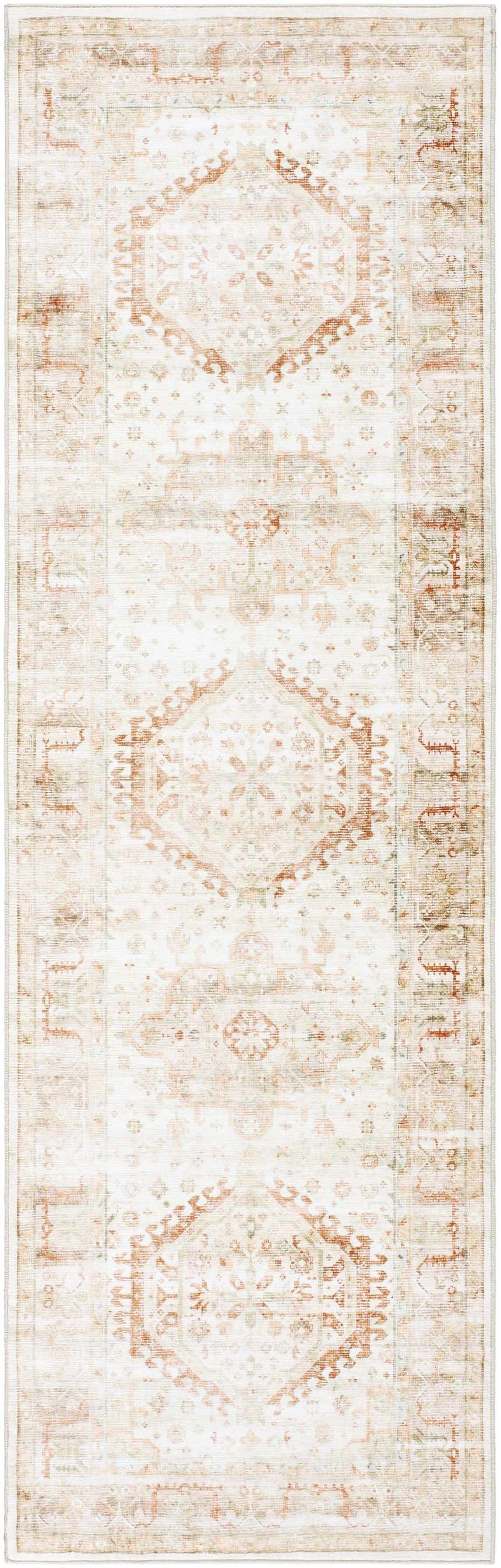 Close-up of the Laran Rust Distressed Washable Area Rug, featuring a traditional geometric pattern in ash, brick red, and light gray. Design-Runner-268