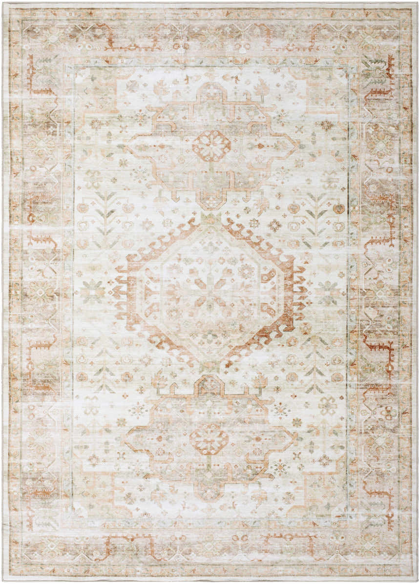 Laran Rust Distressed Washable Area Rug with farmhouse style, ash, brick red, and light gray traditional pattern. Design-Rectangle-57
