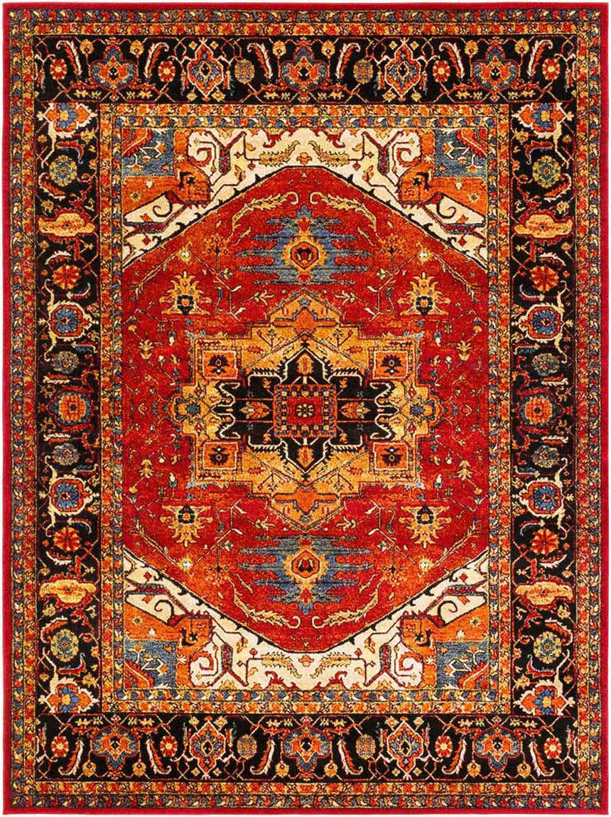 Detailed Malpas Area Rug featuring a traditional oriental design in red, black, orange, and blue. Design-Rectangle-710106