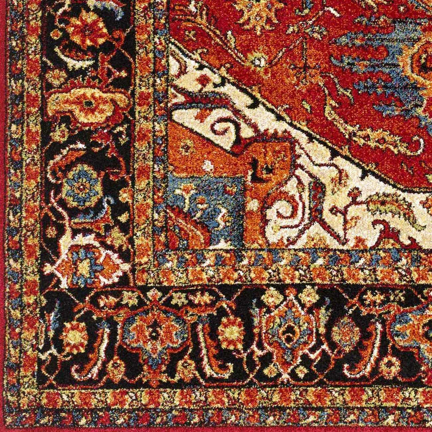 Close-up of the Malpas Area Rug showing its traditional floral pattern in black, burgundy, ivory, orange, and blue. Swatch