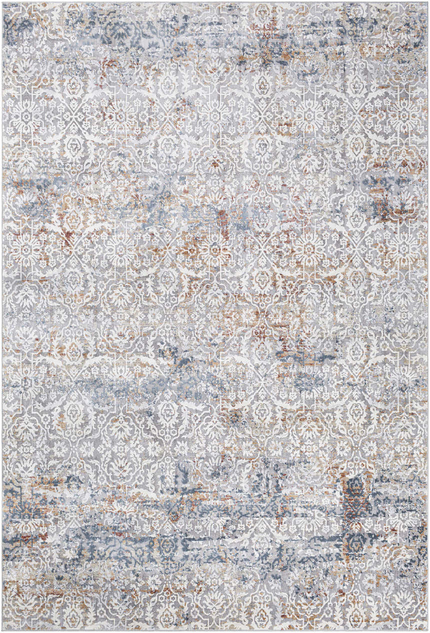 Close-up of the Marden Textured Luxe Area Rug featuring a traditional design in gray, cream, brick red, and blue tones. Design-Rectangle-6796