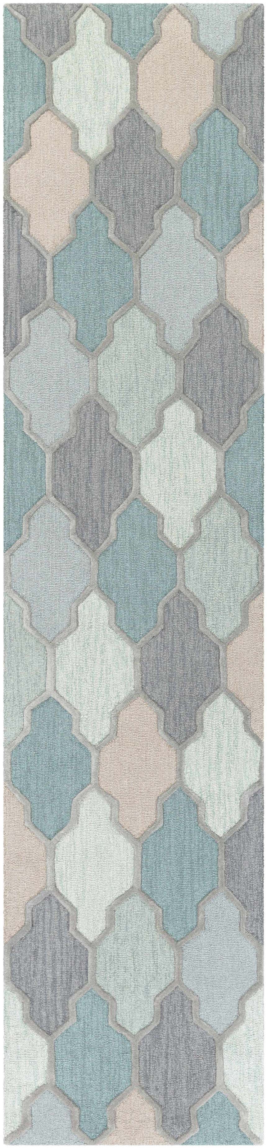 Close-up of the Monteview Sage&Teal Geometric Wool Rug, featuring a repeating pattern in sage, teal, gray, and taupe hues. Design-Runner-310
