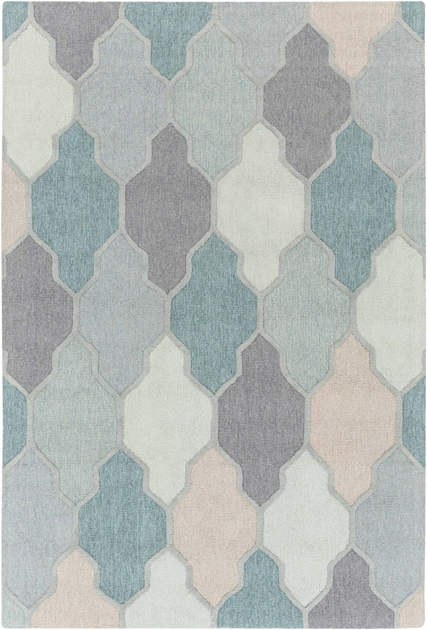 Close-up of the Monteview Sage&Teal Geometric Wool Rug. Features a repeating quatrefoil pattern in sage, teal, gray, and cream. Design-Rectangle-576