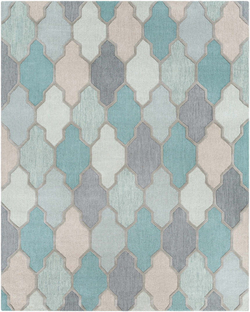 Close-up of Monteview Sage&Teal Geometric Wool Rug. Features a repeating quatrefoil pattern in sage, teal, gray, and taupe hues. Design-Rectangle-7696