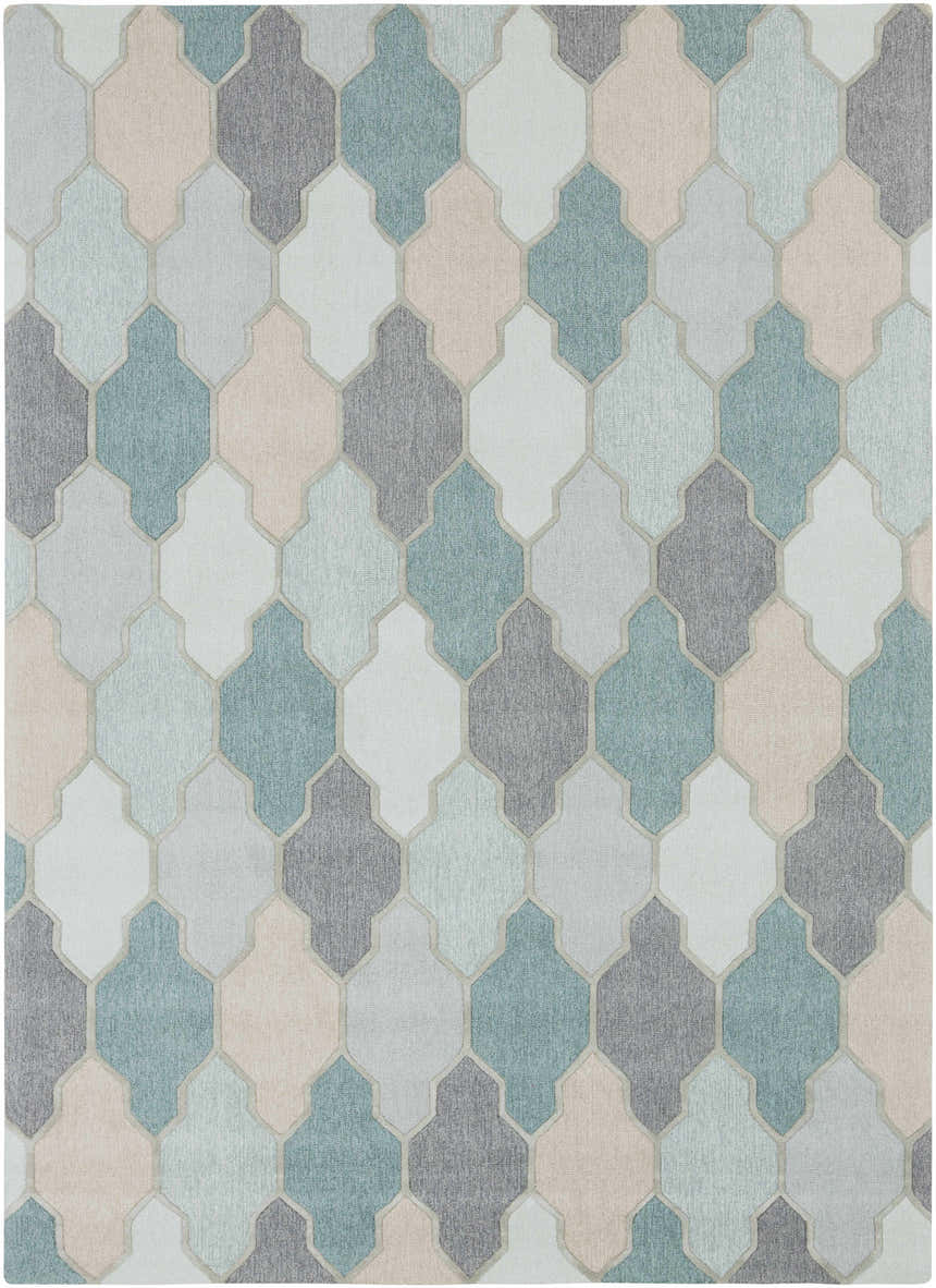 Close-up of Monteview Sage&Teal Geometric Wool Rug, featuring a quatrefoil pattern in teal, sage, gray, and taupe hues. Design-Rectangle-811