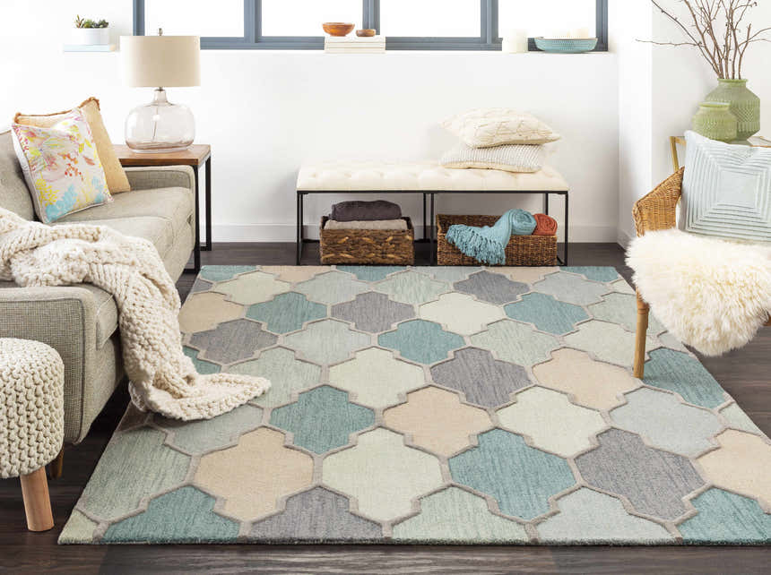 Living room scene with Monteview Sage&Teal Geometric Wool Rug. Farmhouse style with sage, teal, and gray tones. Roomscene-Rectangle
