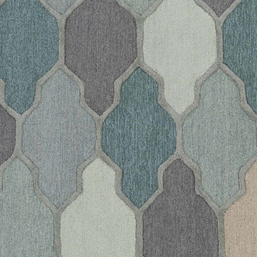 Close-up of Monteview Sage&Teal Geometric Wool Rug featuring a repeating Moroccan-inspired pattern in sage, teal, and gray hues. Swatch
