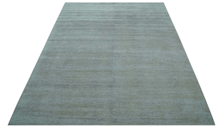 Modern Solid Design Silver Hand Knotted 9x12 Wool Area Rug