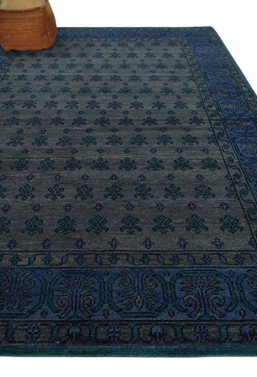 Gray and Blue Traditional Hand Knotted Antique Style low Pile Custom Made Wool Area Rug