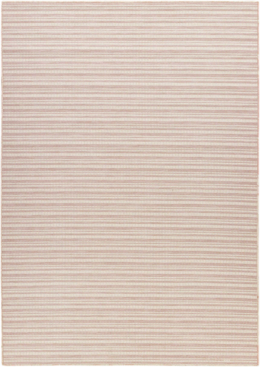 Close-up of the Greg Pink Area Rug, featuring a subtle striped pattern in cloud gray, lambswool, and pink hues. Design-Rectangle-517