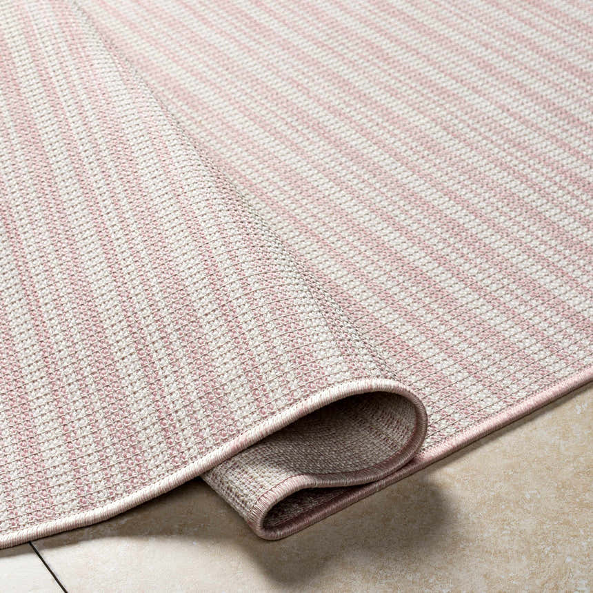 Close-up of the Greg Pink Area Rug showing the striped pattern and woven texture. Cloud Gray, Lambswool, and Multi Brown colors. Fold