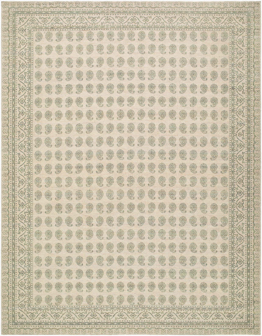 Close-up of Alo Machine Woven Nabela Noor rug. Farmhouse style with green paisley pattern on off-white jute and polyester. Design-Rectangle-71010