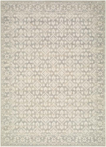 Close-up of the Yureo Charcoal Persian rug, showcasing its beige, charcoal, and light gray traditional pattern. Design-Rectangle-527