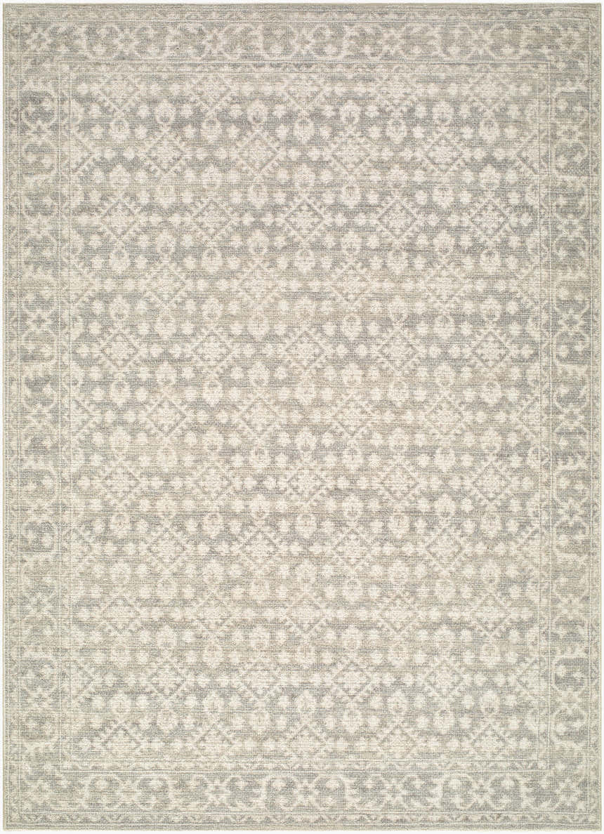 Aram Machine Woven Nabela Noor Home rug with a traditional beige, charcoal, and light gray geometric pattern. Design-Rectangle-527