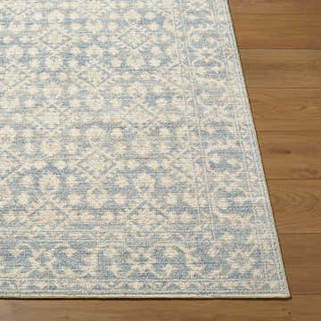 Close-up of Aram Machine Woven Nabela Noor Home x LIVABLISS NBAR-2302 Area Rug with beige and denim pattern on wood floor. Front