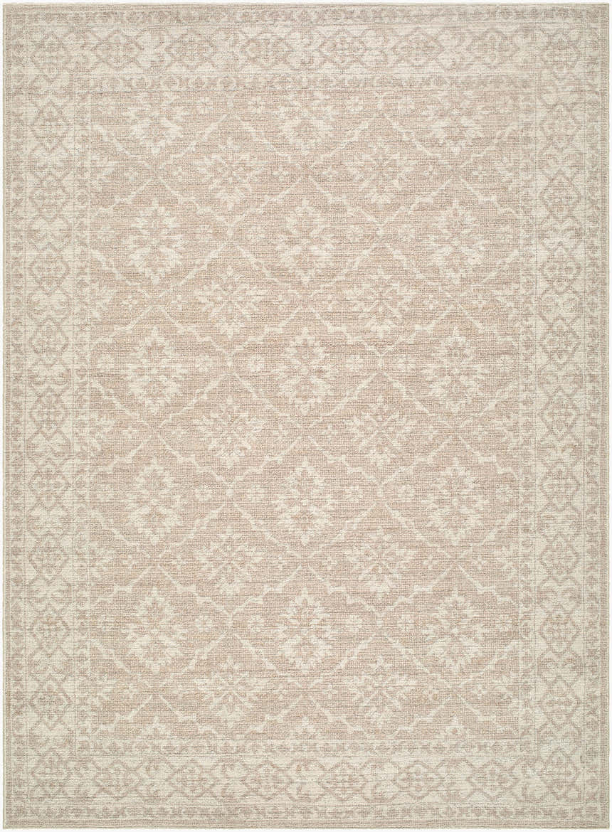 Close-up of the Aram Machine Woven Nabela Noor Home x LIVABLISS NBAR-2303 Area Rug. Ivory, tan, and gray farmhouse-style rug. Design-Rectangle-527