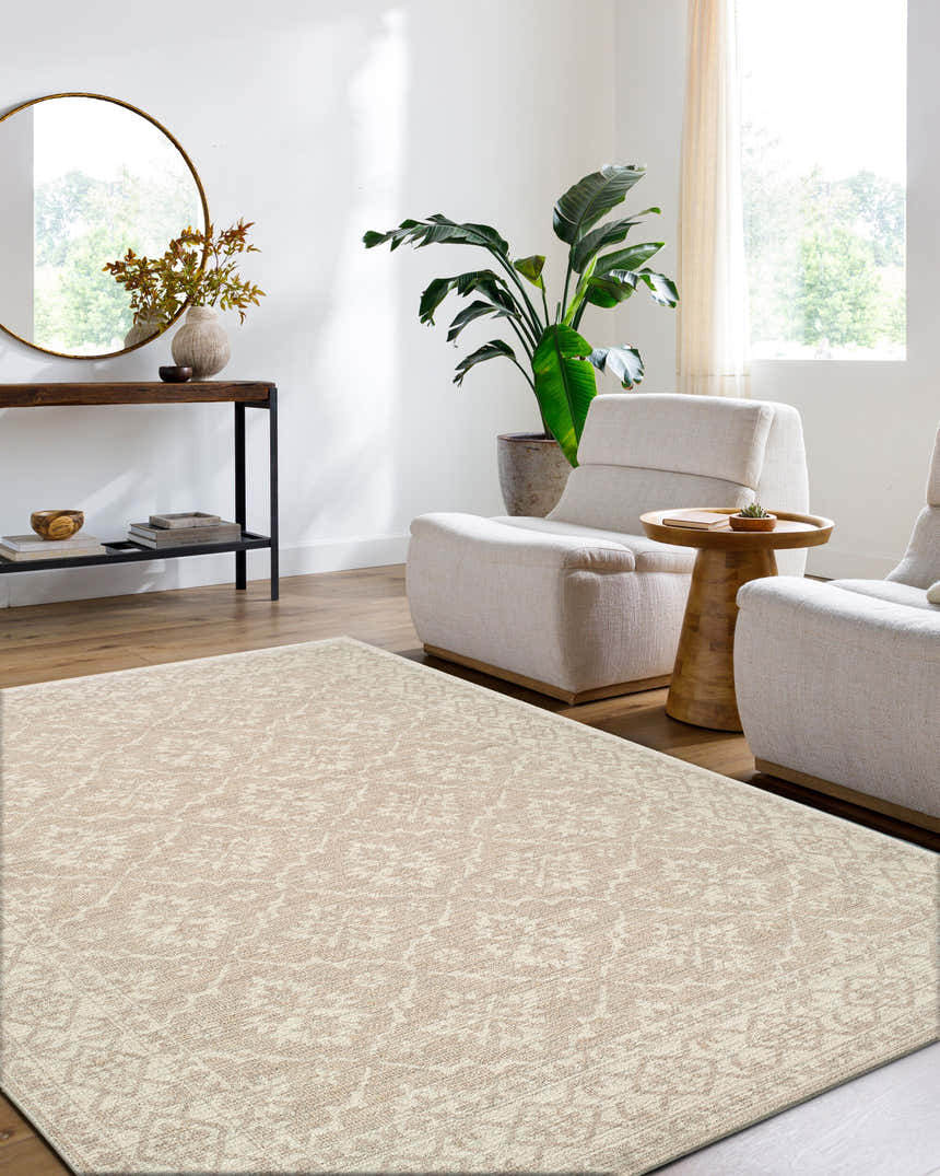 Living room scene with Aram Machine Woven Nabela Noor Home x LIVABLISS NBAR-2303 Area Rug in ivory, gray, and tan. Roomscene-Rectangle