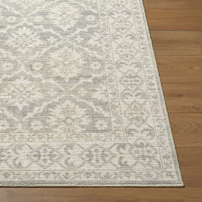 Close-up of the Aram Machine Woven Nabela Noor Home x LIVABLISS NBAR-2304 Area Rug. Beige and gray farmhouse pattern. Front