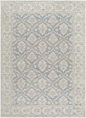 Close-up of the Aram Machine Woven Nabela Noor Home x LIVABLISS NBAR-2305 Area Rug, featuring a beige and pale blue traditional pattern. Design-Rectangle-527