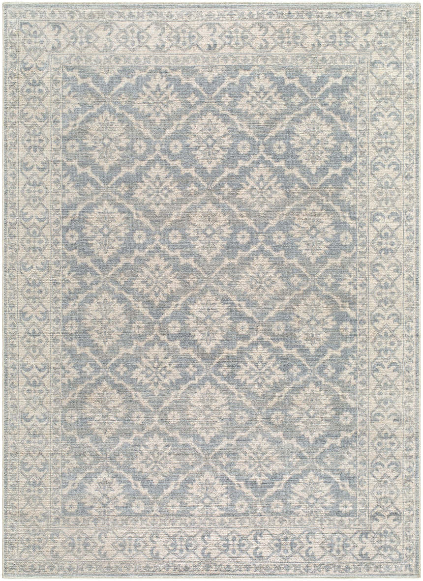 Close-up of the Aram Machine Woven Nabela Noor Home x LIVABLISS NBAR-2305 Area Rug, featuring a beige and pale blue traditional pattern. Design-Rectangle-527