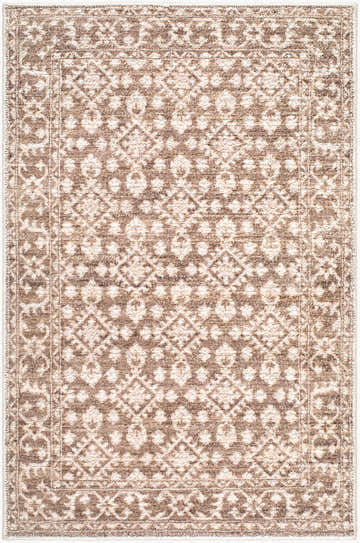 Close-up of the Aram Machine Woven Nabela Noor Home x LIVABLISS NBAR-2307 Area Rug. Features dark brown, medium brown, and gray tones. Design-Rectangle-221