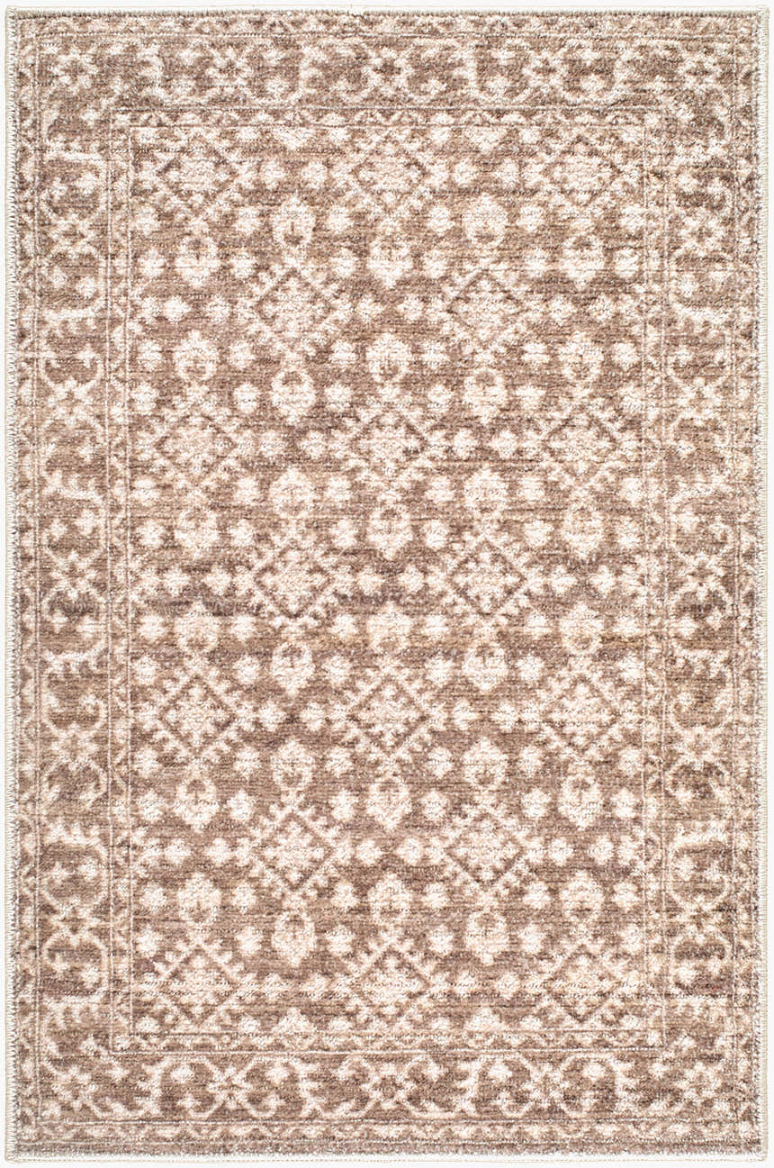 Close-up of the Aram Machine Woven Nabela Noor Home x LIVABLISS NBAR-2307 Area Rug. Features dark brown, medium brown, and gray tones. Design-Rectangle-221