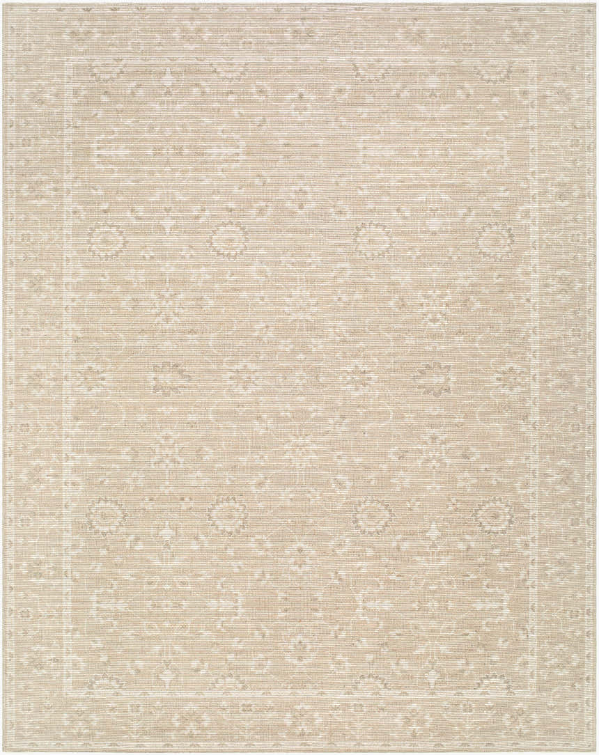 Close-up of the Asha Machine Woven Nabela Noor Home x LIVABLISS NBAS-2300 Area Rug. Features a traditional floral pattern in gray, mustard, and off-white. Design-Rectangle-71010