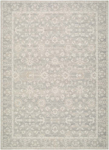 Close-up of Hewee Sage Persian rug. Machine woven jute rug with traditional floral pattern in sage, off-white, and mustard tones. Design-Rectangle-679