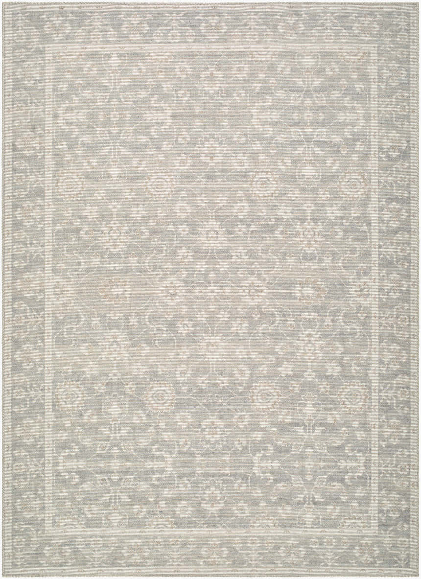 Close-up of Hewee Sage Persian rug. Machine woven jute rug with traditional floral pattern in sage, off-white, and mustard tones. Design-Rectangle-679