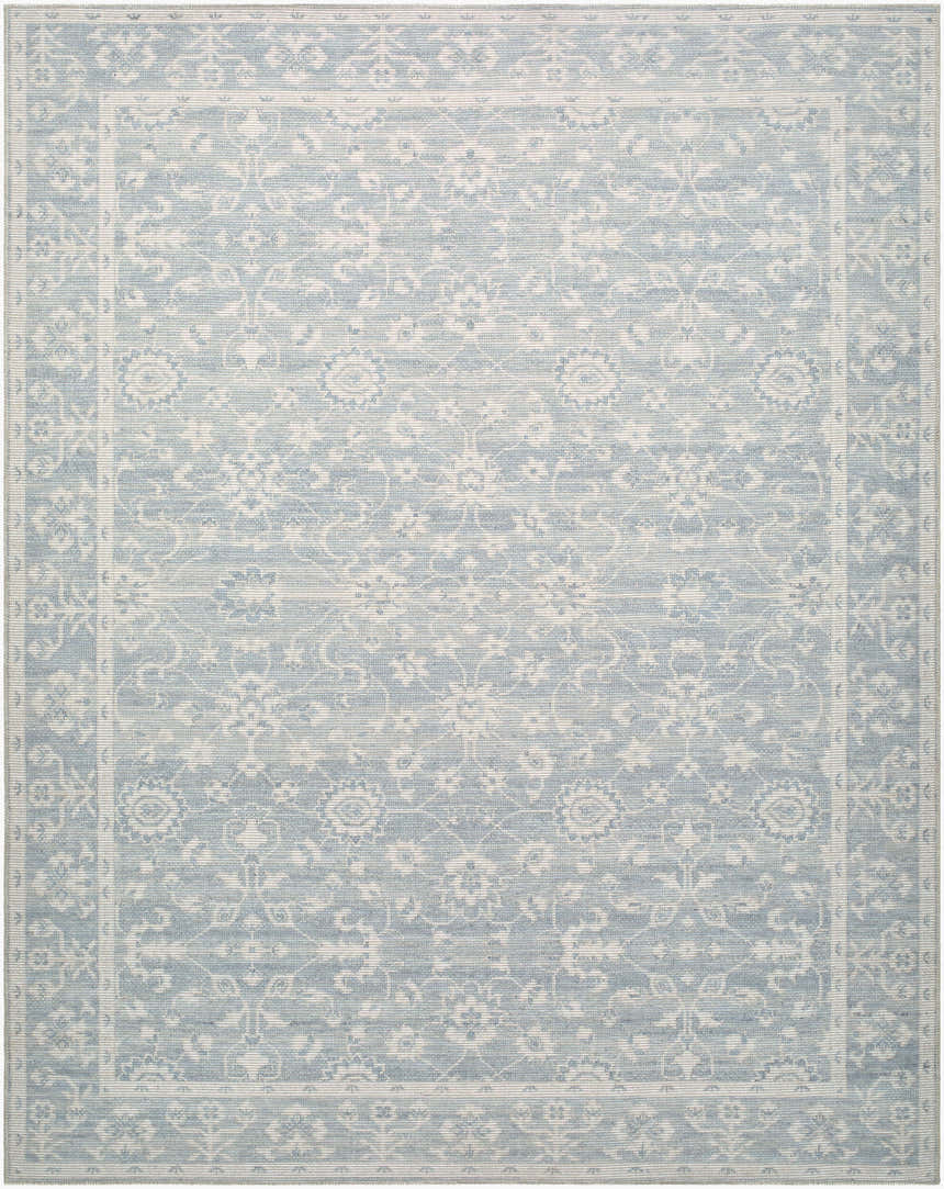 Asha Machine Woven Nabela Noor Home rug, sky blue and off-white traditional floral pattern. Jute and polyester texture. Design-Rectangle-71010