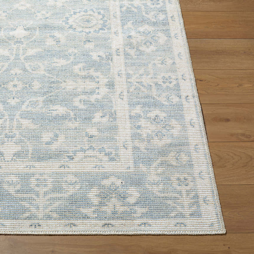 Close-up of Asha Machine Woven Nabela Noor Home rug. Farmhouse style rug with sky blue and off-white traditional pattern. Front