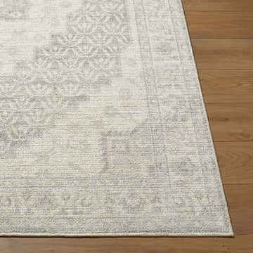 Close-up of Athiyo Nabela Noor Home x LIVABLISS rug. Beige rug with gray traditional pattern on wood floor. Front