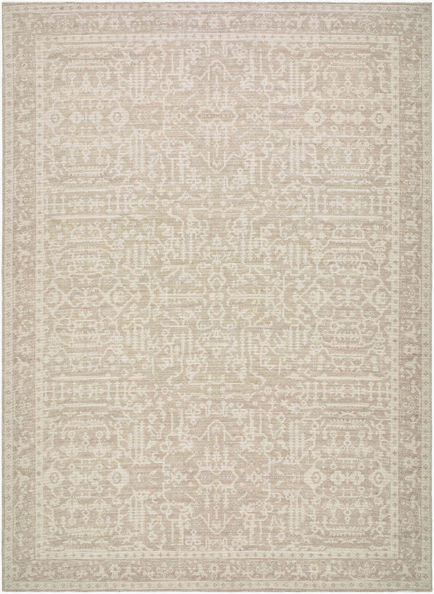 Close-up of Athiyo Machine Woven Nabela Noor Home x LIVABLISS NBAT-2302 Area Rug. Features a traditional pattern in medium gray, mustard, and off-white. Design-Rectangle-679