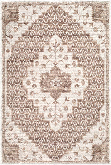 Detailed view of the Athiyo Nabela Noor Home rug. Features a traditional floral pattern in dark brown, medium brown, and medium gray. Design-Rectangle-221
