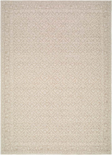 Close-up of the Maan Machine Woven Nabela Noor Home x LIVABLISS NBMA-2300 Area Rug. Features off-white and beige traditional pattern. Design-Rectangle-679