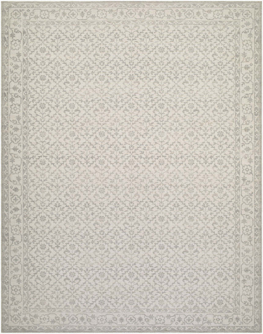 Close-up of the Maan Machine Woven Nabela Noor Home x LIVABLISS NBMA-2301 Area Rug. Gray and off-white farmhouse style rug. Design-Rectangle-71010