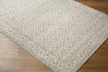 Close-up of the Maan Machine Woven Nabela Noor Home x LIVABLISS NBMA-2302 Area Rug. Features a traditional off-white and sky blue pattern. Corner