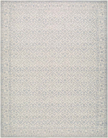 Close-up of Maan Machine Woven Nabela Noor Home x LIVABLISS NBMA-2302 Area Rug. Off-white rug with sky blue traditional pattern and border. Design-Rectangle-71010