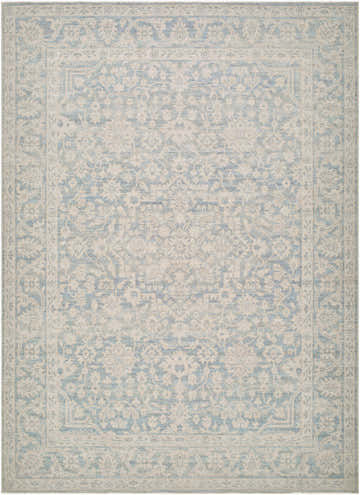 Close-up of Maan Machine Woven Nabela Noor Home x LIVABLISS NBMA-2304 Area Rug. Features traditional sky blue pattern on off-white jute. Design-Rectangle-679