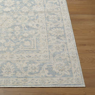 Close-up of Maan Machine Woven Nabela Noor Home x LIVABLISS NBMA-2304 Area Rug. Off-white rug with sky blue traditional pattern. Front