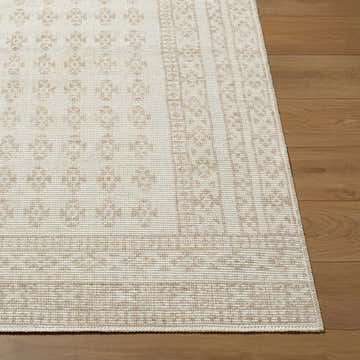 Close-up of the Shanti Nabela Noor Home x LIVABLISS NBSH-2300 Area Rug. Farmhouse style rug in off-white and taupe on wood floor. Front