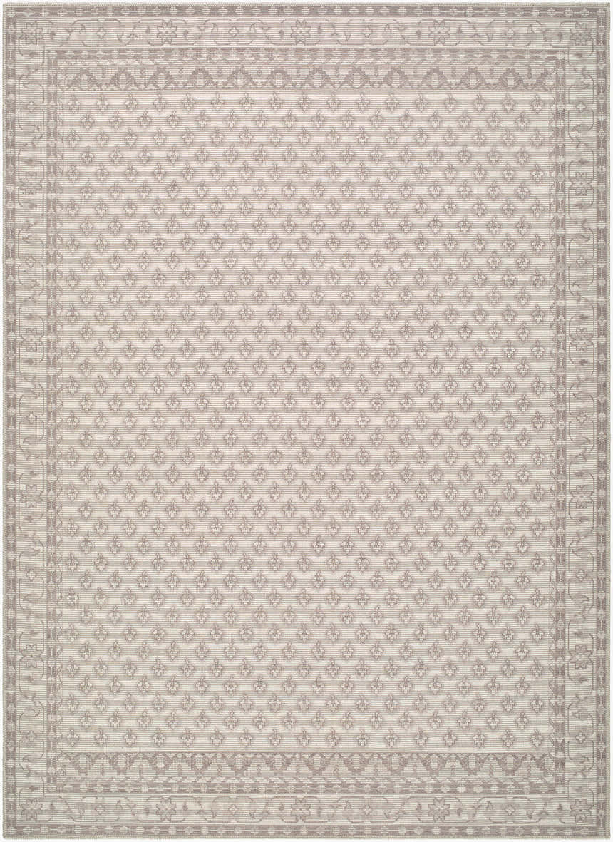 Close-up of the Cicely Area Rug. Off-white rug with a gray, traditional-style floral pattern and border. Design-Rectangle-679