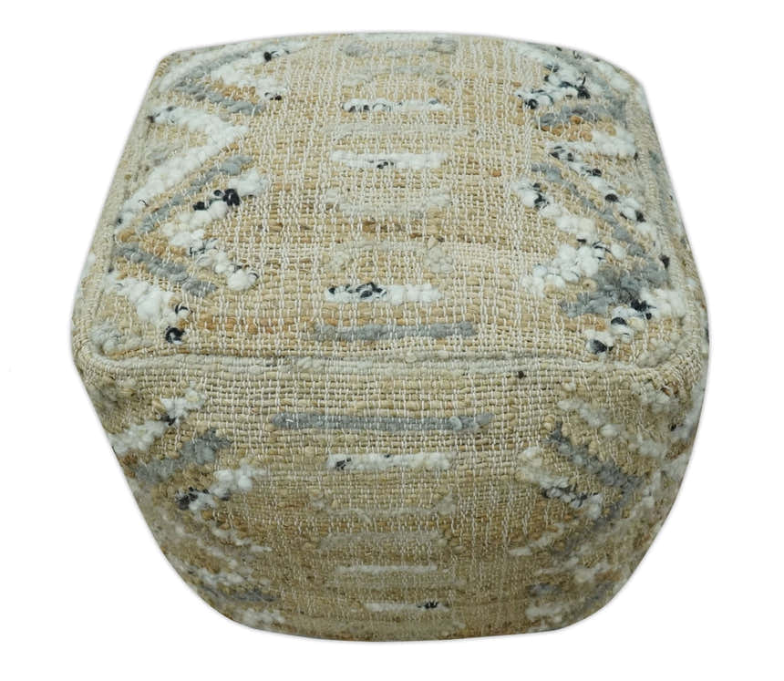 Neutral Beige, Ivory and Gray Hand Woven Stripes Design Jute and wool Pouf