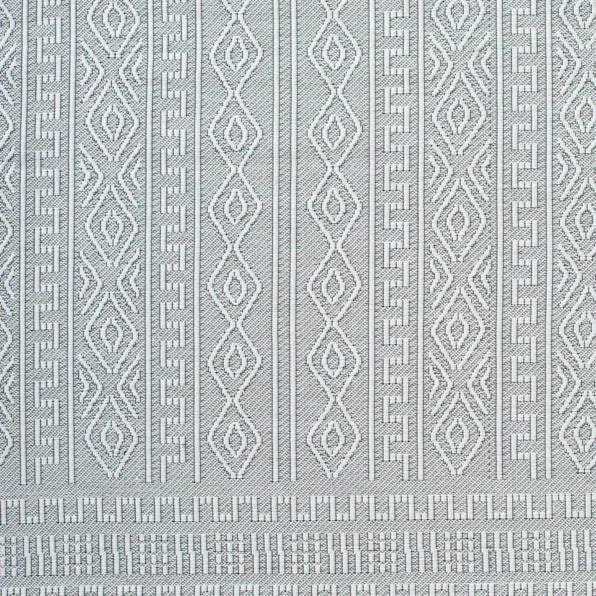 Close-up of the Nuela Light Gray Area Rug showing its cream geometric pattern and woven texture. Farmhouse style. Swatch