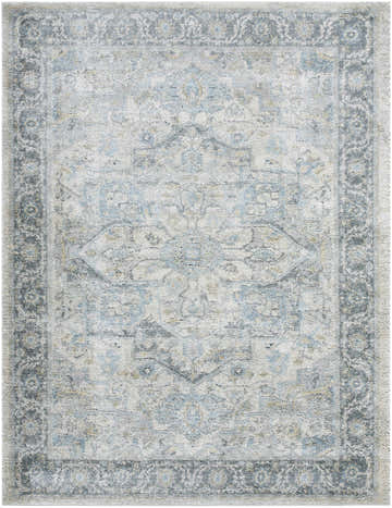 Akshay Light Gray rug with traditional pattern and denim, teal, and peach accents. Luxe, machine woven texture. Design-Rectangle-537