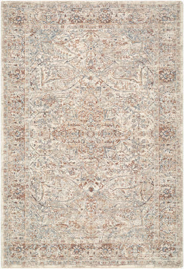 Close-up of the Zufan Area Rug. Traditional floral pattern in beige, gray, ivory, pale blue, and tan. Design-Rectangle-537