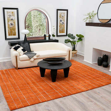 Living room scene with a rust-colored Toshi Rug, cream sofa, black coffee table, and modern decor. Roomscene-Rectangle